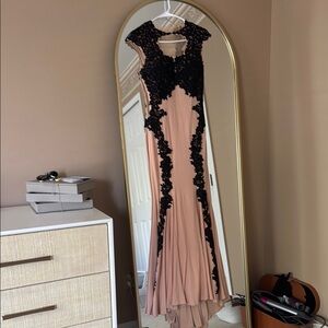 Betsy & Adam Pink and Black Pleated High Low Gown